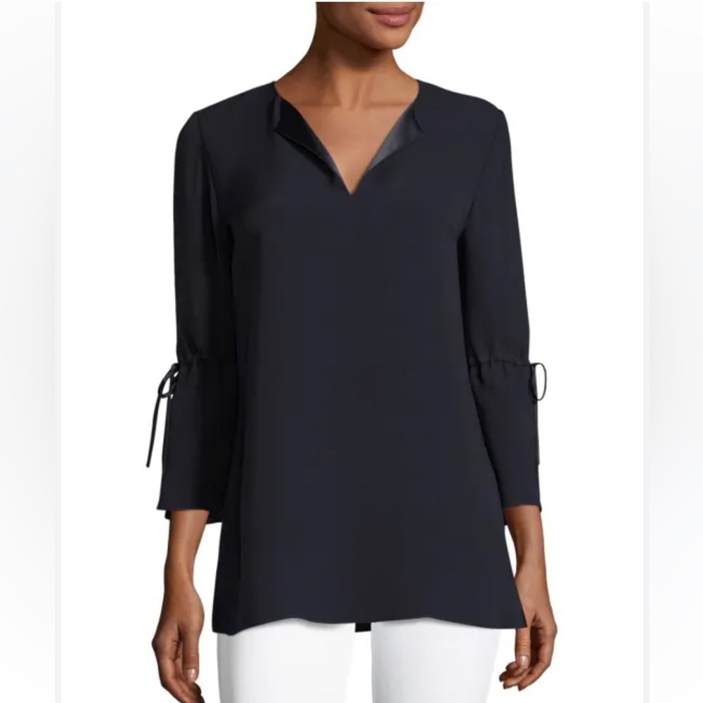 NWT Lafayette 148 Large Navy Blue Sela Quarter-Sleeve Self-Tie Blouse Silk $448